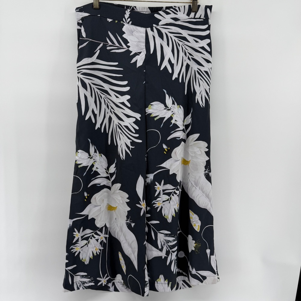 Anna Glover x H&M Tropical Floral Wide Leg Crop Pants Navy White Size 14 flowy